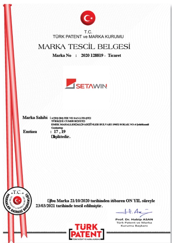 SETAWİN Marka Tescil Belgesi