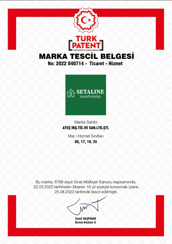 SETALİNE Marka Tescil Belgesi