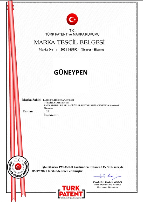 GÜNEYPEN Marka Tescil Belgesi